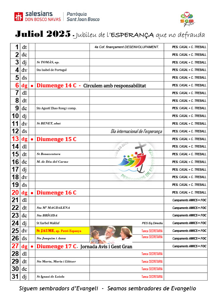 Calendari Activitats Juliol 2025 Salesians Don Bosco Navas | Parròquia Sant Joan Bosco